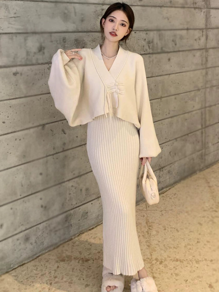 Elegant Knitted  Cashmere  Two-Piece Set with Cardigan& Dress