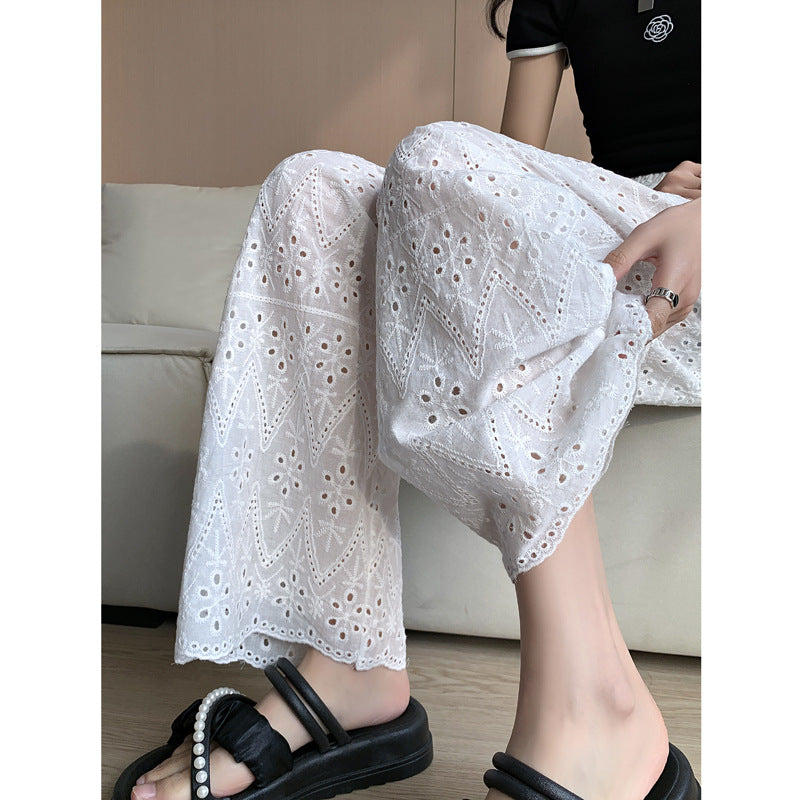 Embroidered White Trendy High Waist Loose Long Pants