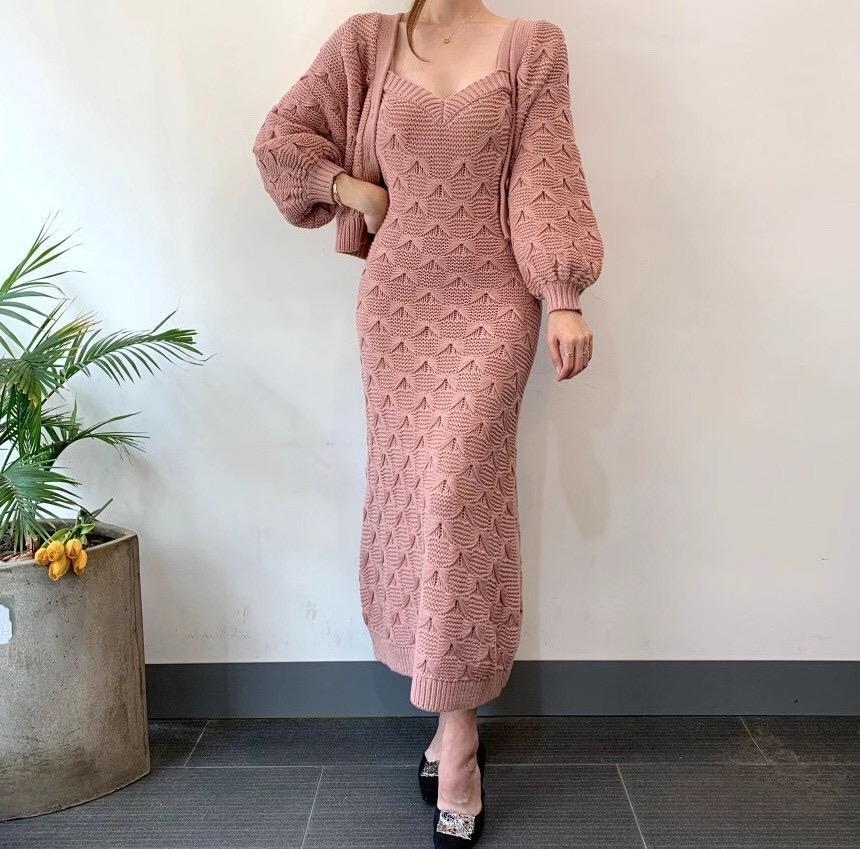 Knitted Coat Lantern Sleeve 2-piece Dress