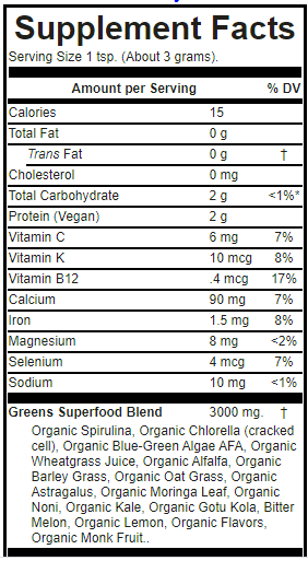 Power Shot Greens Superfood with Spirulina, Chlorella, Wheatgrass, Noni, Moringa, 10 More. (65 Servings).