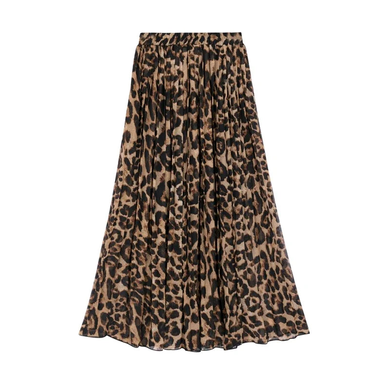 Summery Fit Pleated Leopard Print Maxi Skirt