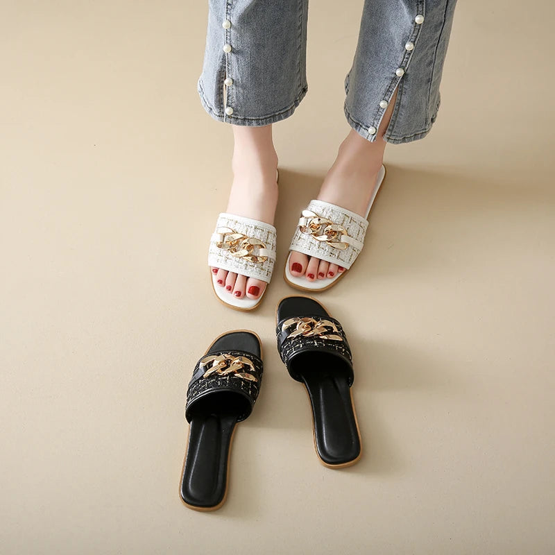 Korean Style Chain White Flip Flops Sandals