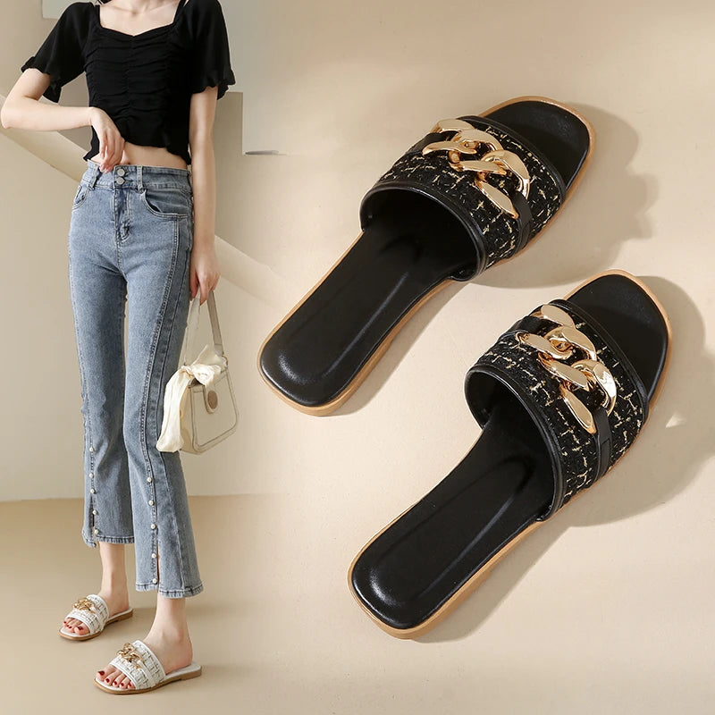 Korean Style Chain White Flip Flops Sandals