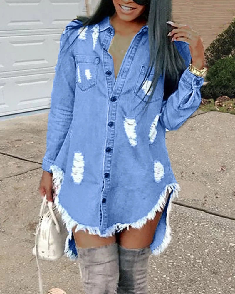 Blue Jean Denim Ribbed Tassel  Asymmetrical Mini  Shirt Dress with Long Sleeve