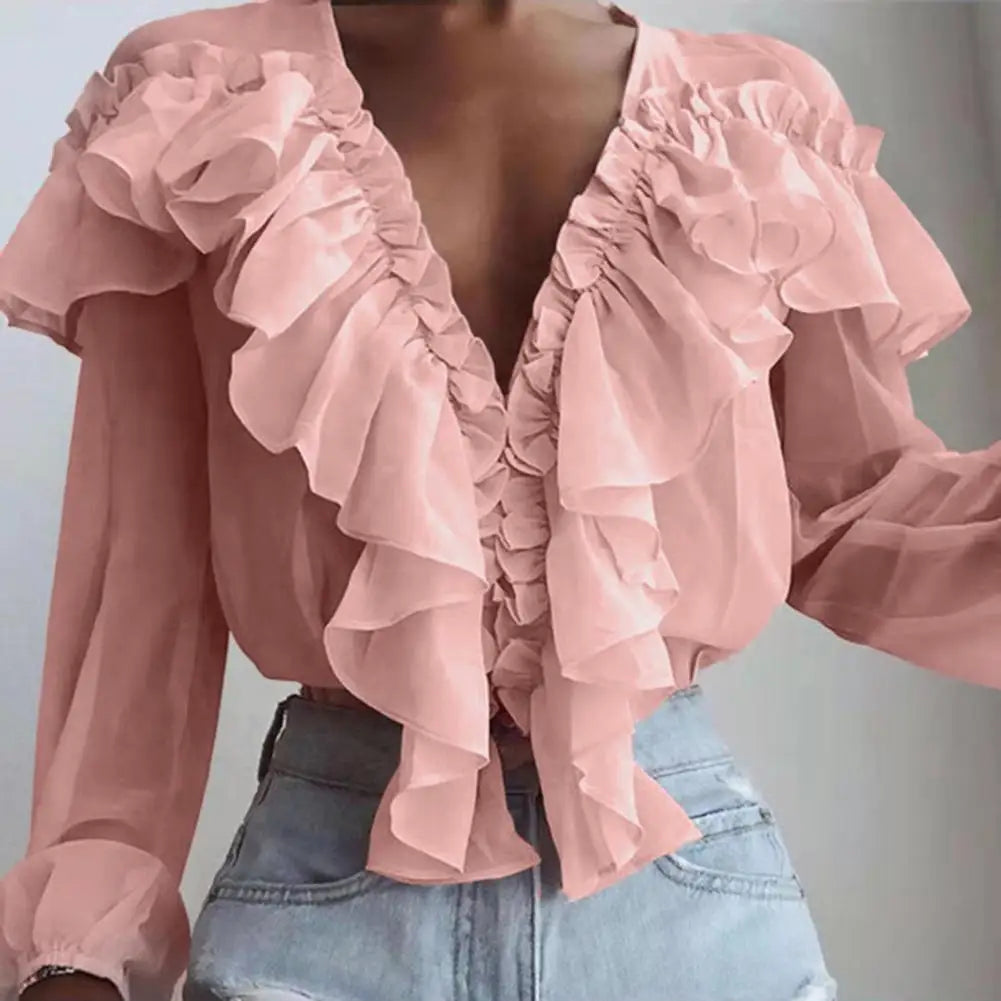 Love Ruffle Collar V-neck  Chiffon Shirt with Long Sleeve