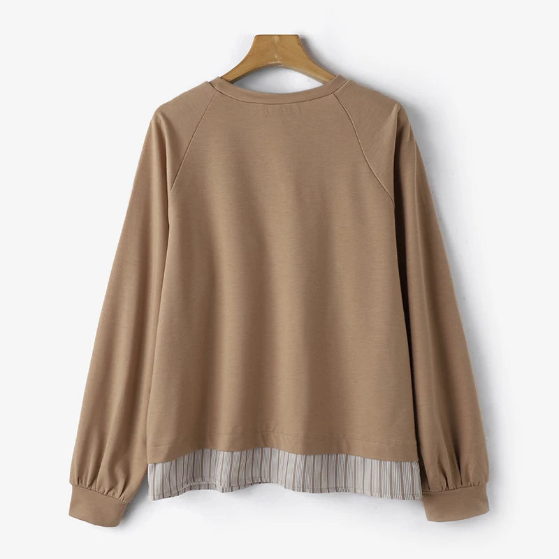 Unique Striped Patchwork O Neck Pullover Blouses with Long  Raglan Sleeves