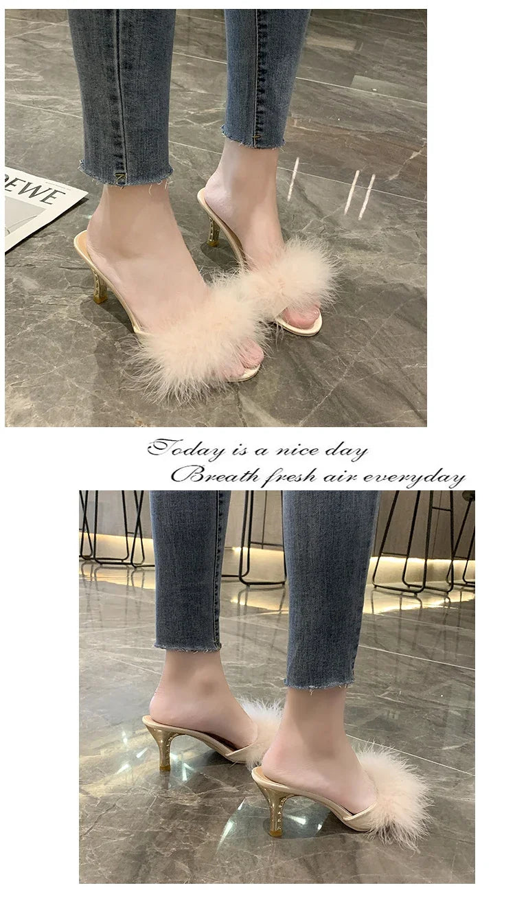 British Style Retro Furry Thin Hight Heel Slides