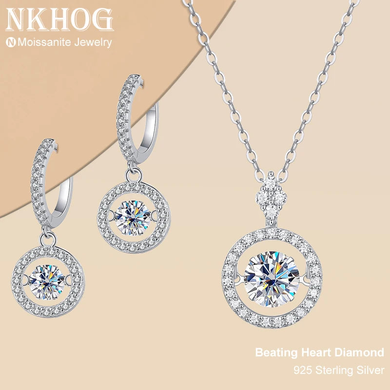 GRA Certified Moissanite Beating Heart Diamond Pendants, Necklace, Hoop Earrings Jewelry Set