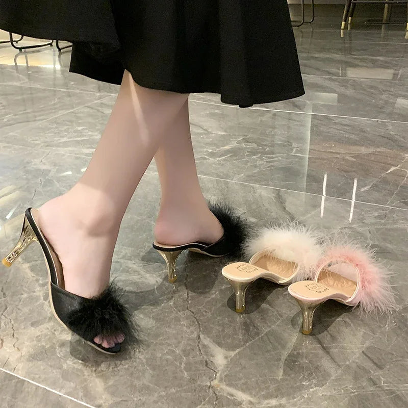 British Style Retro Furry Thin Hight Heel Slides