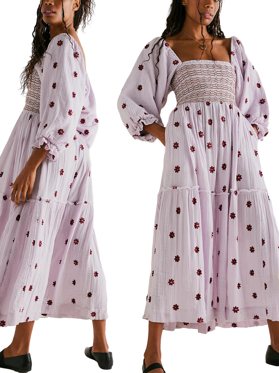 Bohemian Floral Embroidery  Square Neck  Loose Swing Long Dress with 3/4 Puff Sleeves