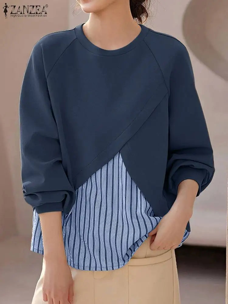 Unique Striped Patchwork O Neck Pullover Blouses with Long  Raglan Sleeves