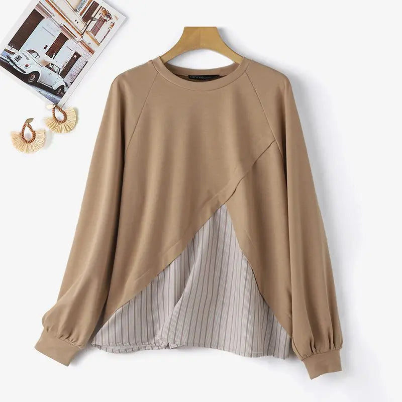 Unique Striped Patchwork O Neck Pullover Blouses with Long  Raglan Sleeves