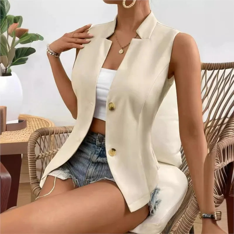 Champagne Single Breasted  V-neck Sleeveless Cardigan Vest