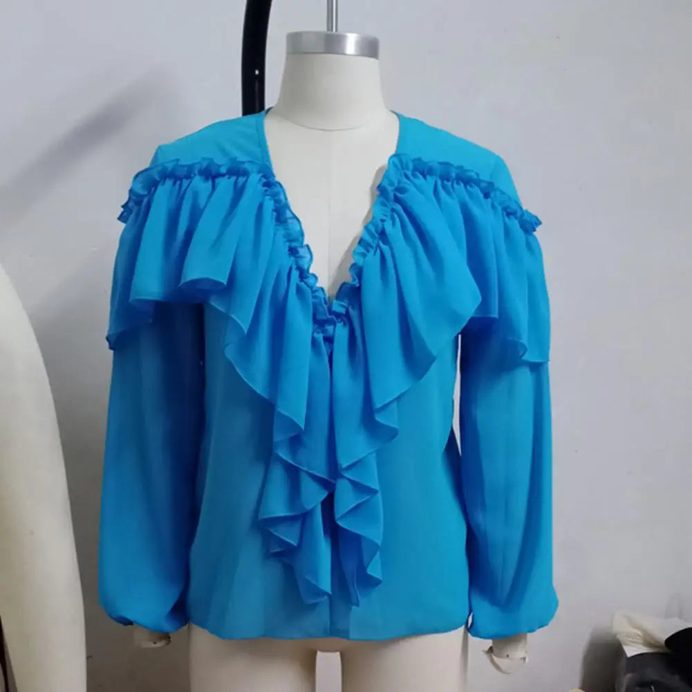 Love Ruffle Collar V-neck  Chiffon Shirt with Long Sleeve