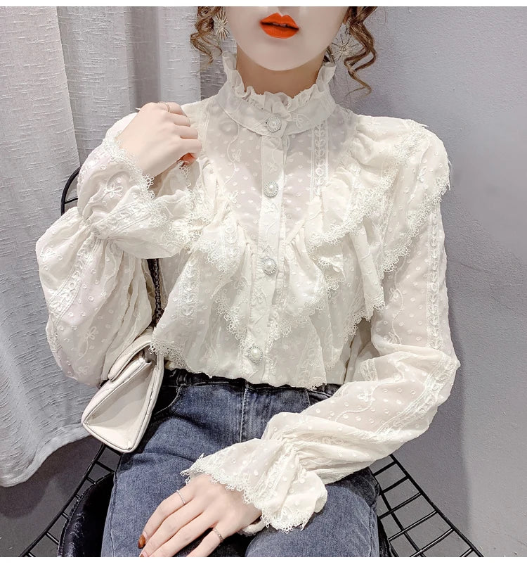 Victorian Style Ruffle Lace  Stand Collar Pleated Blouse with  Long Sleeve