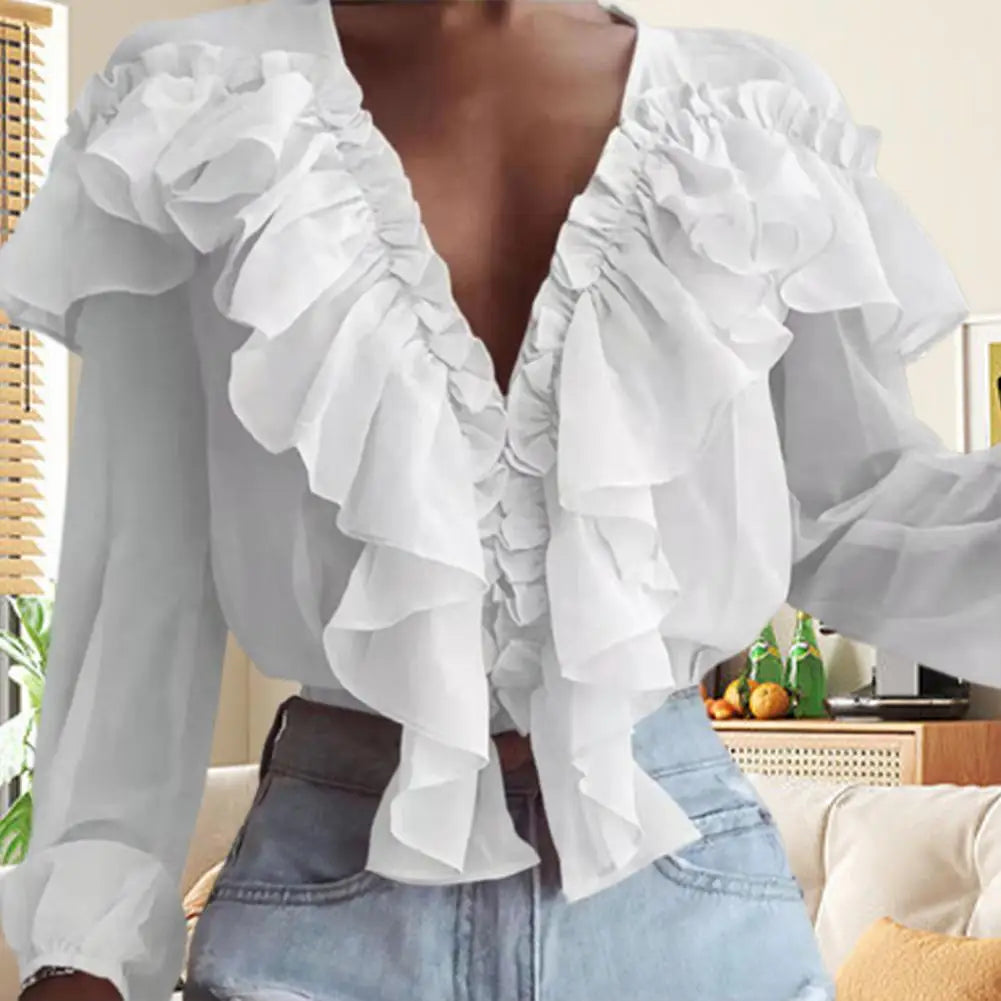 Love Ruffle Collar V-neck  Chiffon Shirt with Long Sleeve