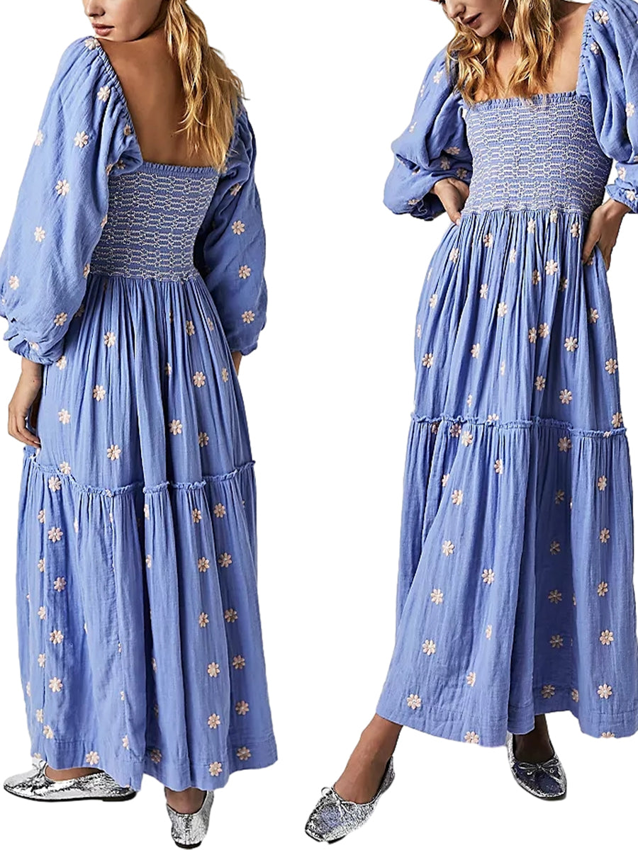 Bohemian Floral Embroidery  Square Neck  Loose Swing Long Dress with 3/4 Puff Sleeves