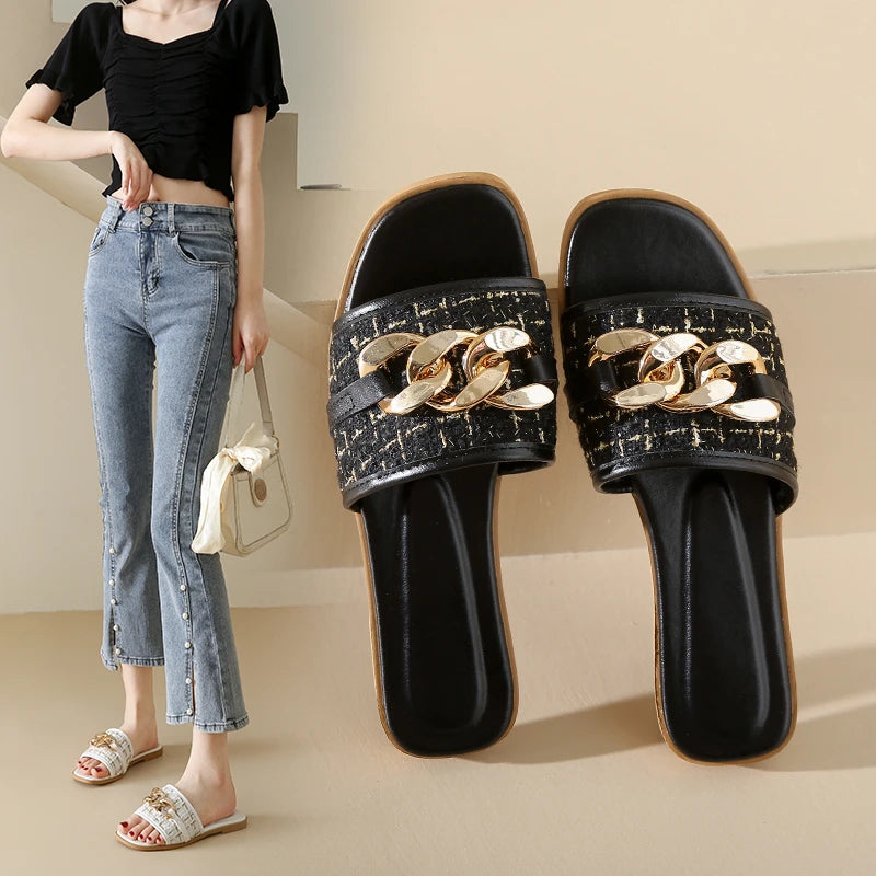 Korean Style Chain White Flip Flops Sandals