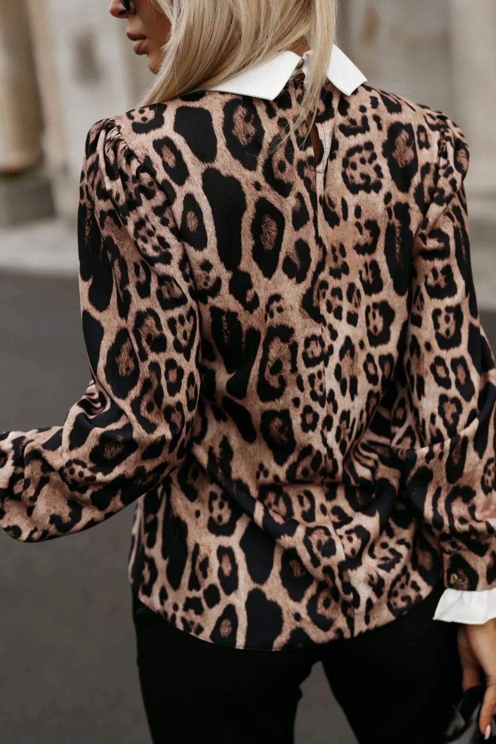 French  White- Collar Leopard Print Long Sleeve Blouse Top