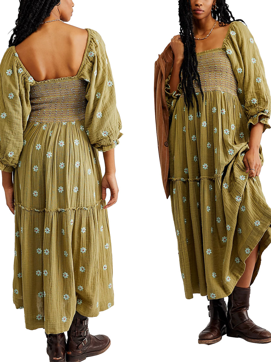 Bohemian Floral Embroidery  Square Neck  Loose Swing Long Dress with 3/4 Puff Sleeves