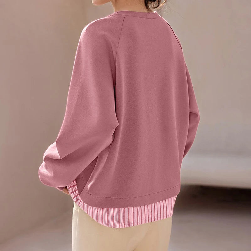 Unique Striped Patchwork O Neck Pullover Blouses with Long  Raglan Sleeves