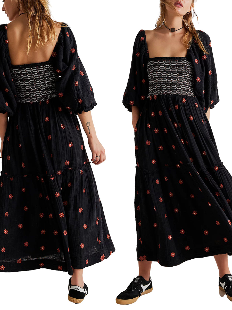 Bohemian Floral Embroidery  Square Neck  Loose Swing Long Dress with 3/4 Puff Sleeves