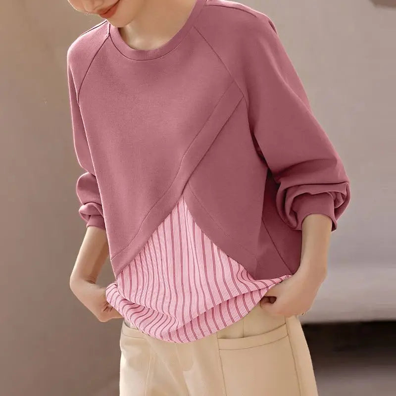 Unique Striped Patchwork O Neck Pullover Blouses with Long  Raglan Sleeves