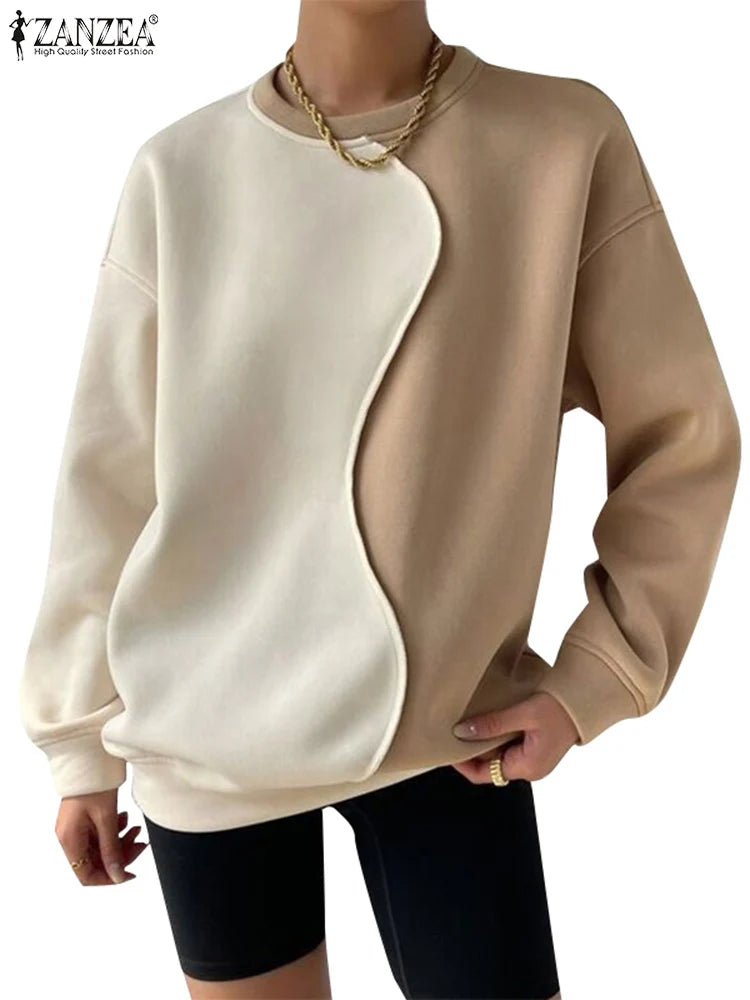 Elegant Patchwork Loose Neck Pullover Sweatshirts with  Long Sleeve