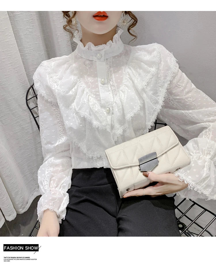 Victorian Style Ruffle Lace  Stand Collar Pleated Blouse with  Long Sleeve