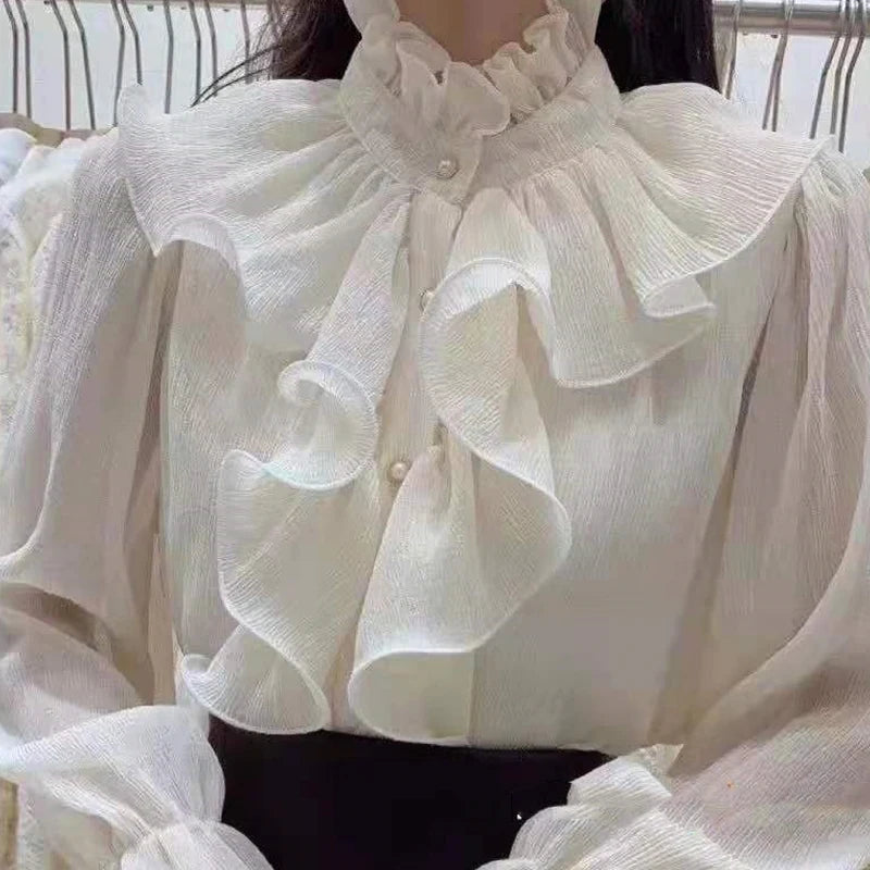 Romantic  Flare  Buttons Ruched  Ruffle Stand Collar Chiffon Shirt with  Long Sleeve