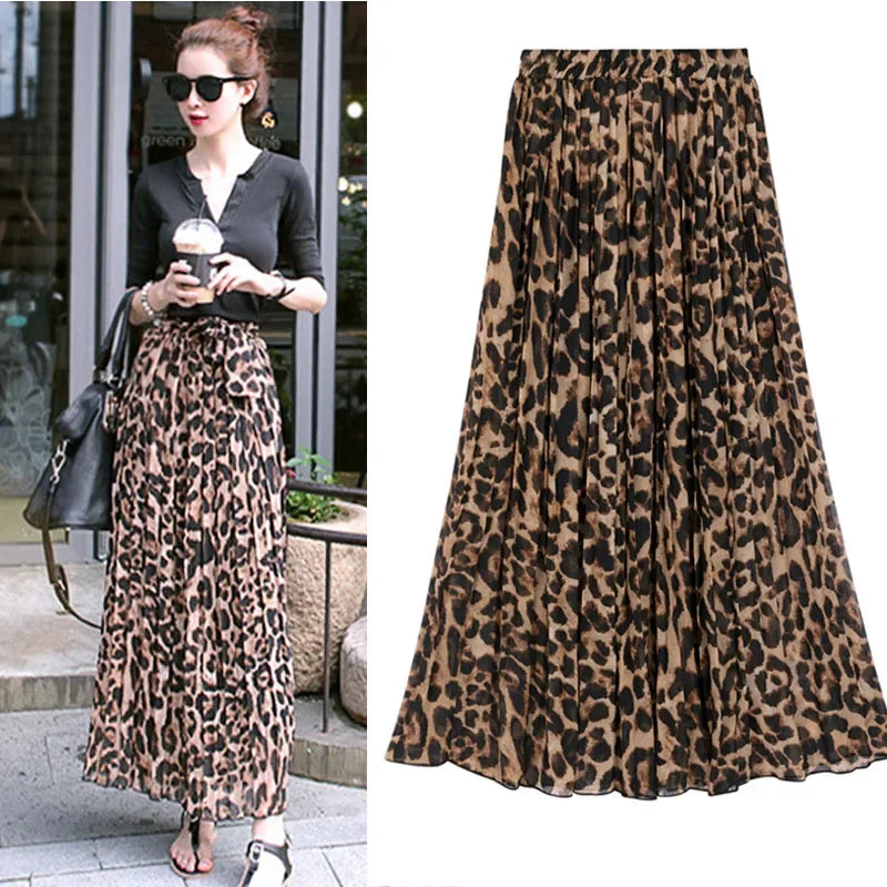 Summery Fit Pleated Leopard Print Maxi Skirt