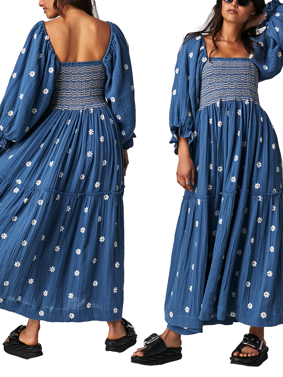 Bohemian Floral Embroidery  Square Neck  Loose Swing Long Dress with 3/4 Puff Sleeves