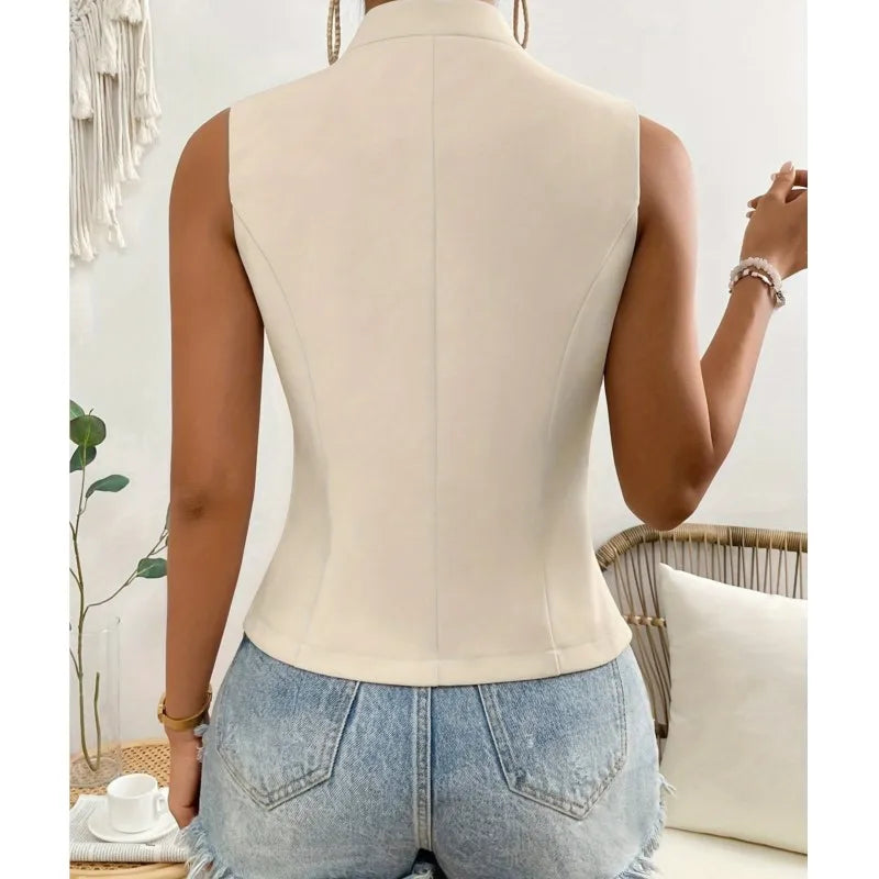 Champagne Single Breasted  V-neck Sleeveless Cardigan Vest