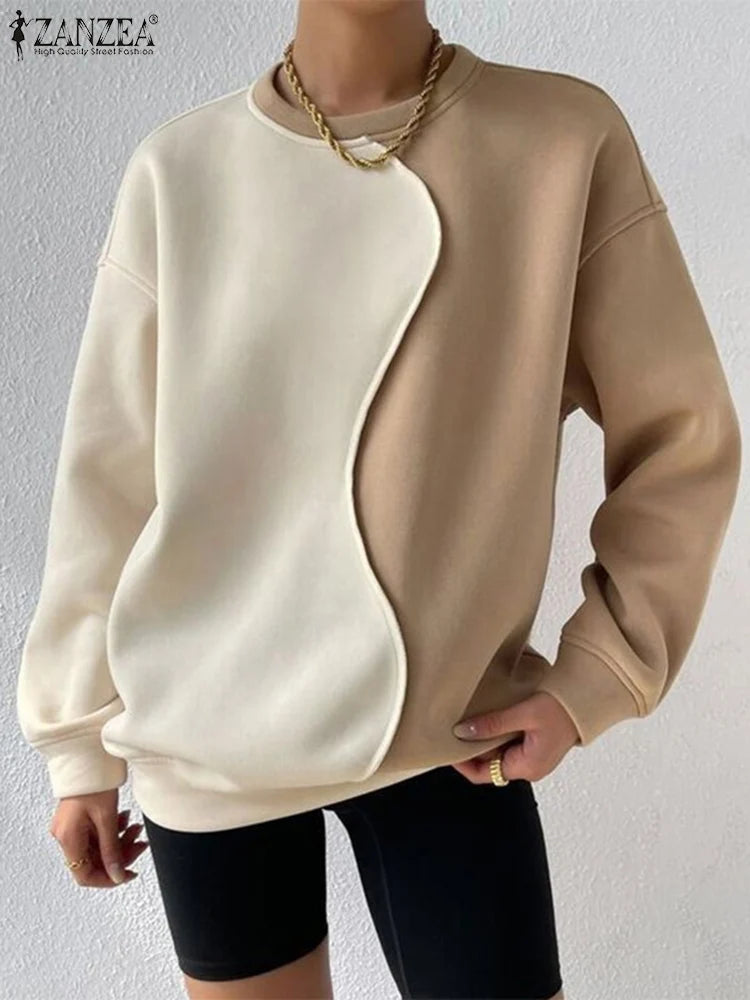 Elegant Patchwork Loose Neck Pullover Sweatshirts with  Long Sleeve