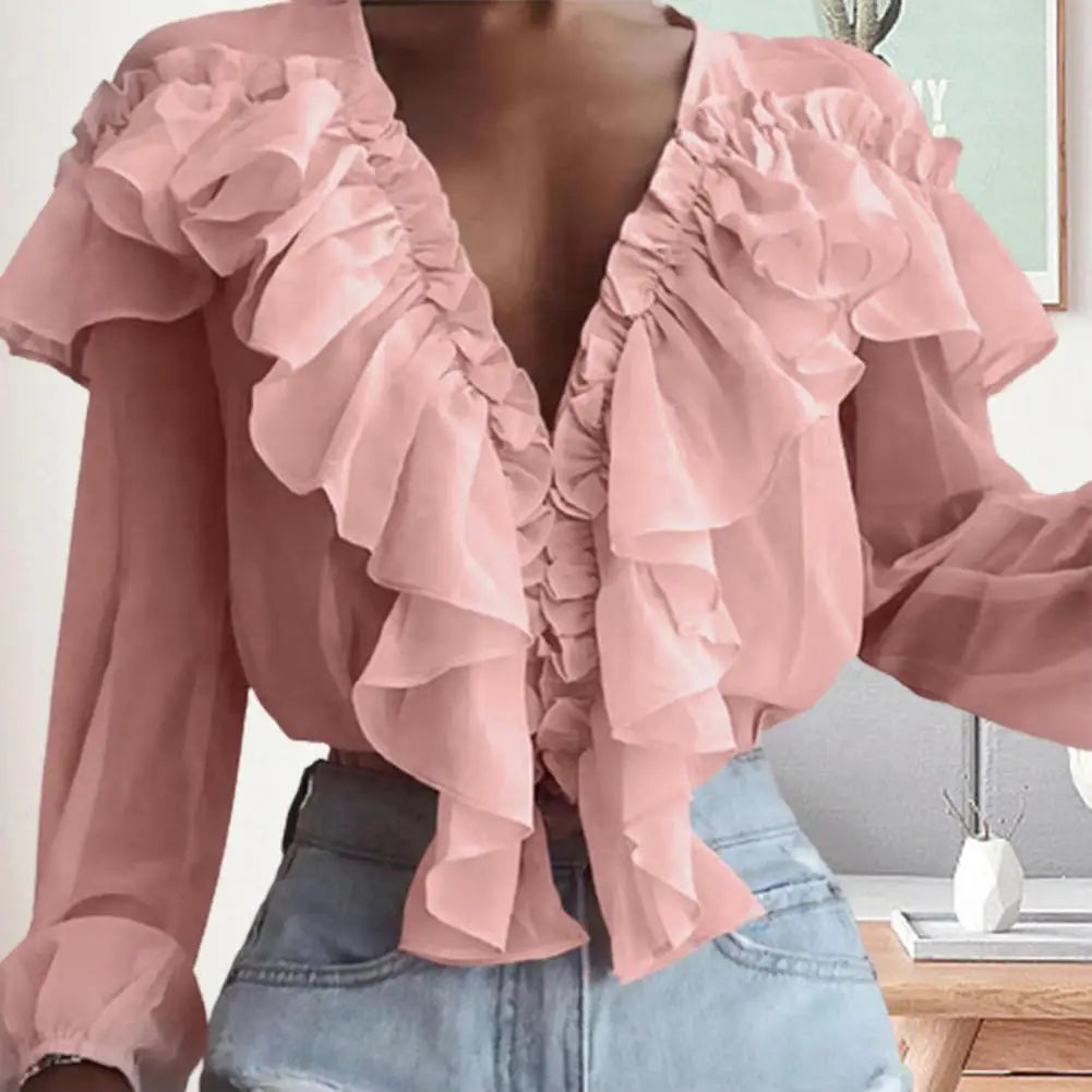 Love Ruffle Collar V-neck  Chiffon Shirt with Long Sleeve