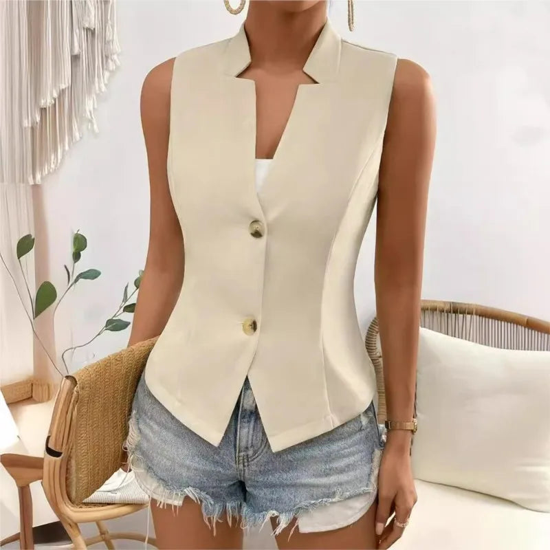 Champagne Single Breasted  V-neck Sleeveless Cardigan Vest