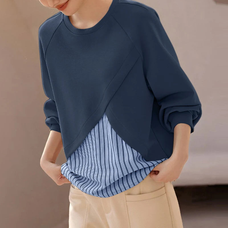 Unique Striped Patchwork O Neck Pullover Blouses with Long  Raglan Sleeves