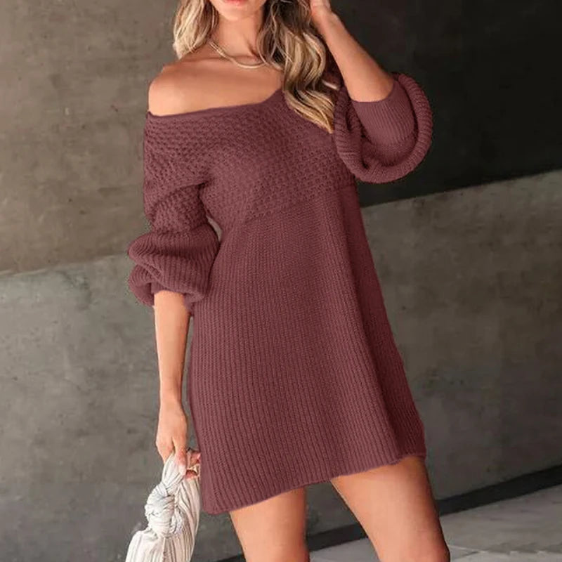 Brick Red V-Neck Dresses with Lantern Sleeves