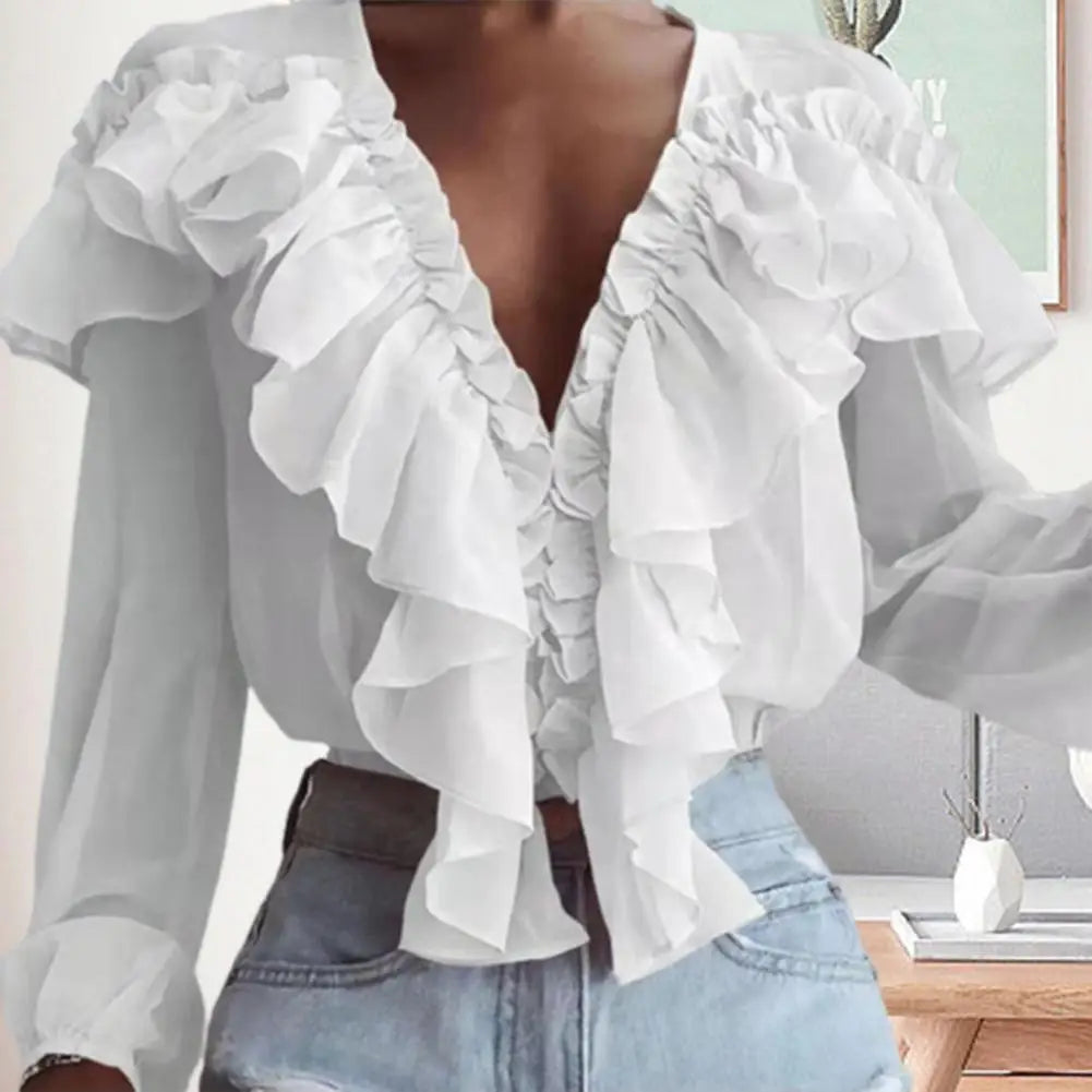 Love Ruffle Collar V-neck  Chiffon Shirt with Long Sleeve