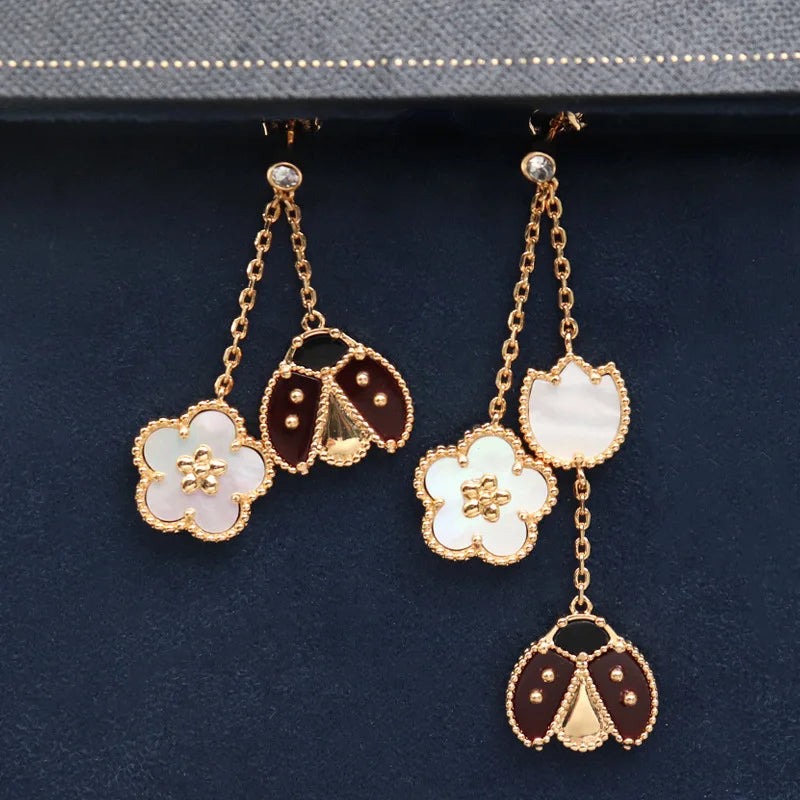 Ladybug Clover Drop Earrings 18K Gold Plated Natural Shell