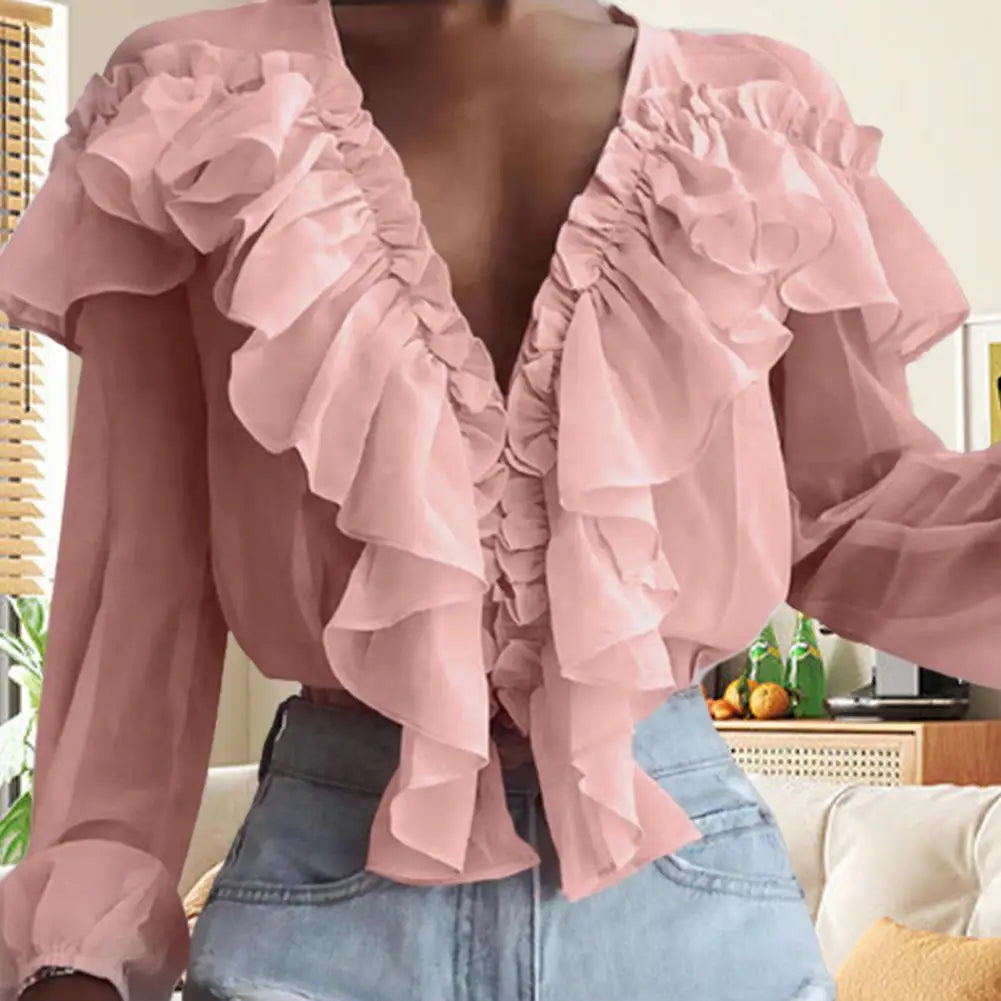 Love Ruffle Collar V-neck  Chiffon Shirt with Long Sleeve