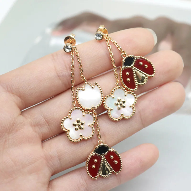 Ladybug Clover Drop Earrings 18K Gold Plated Natural Shell