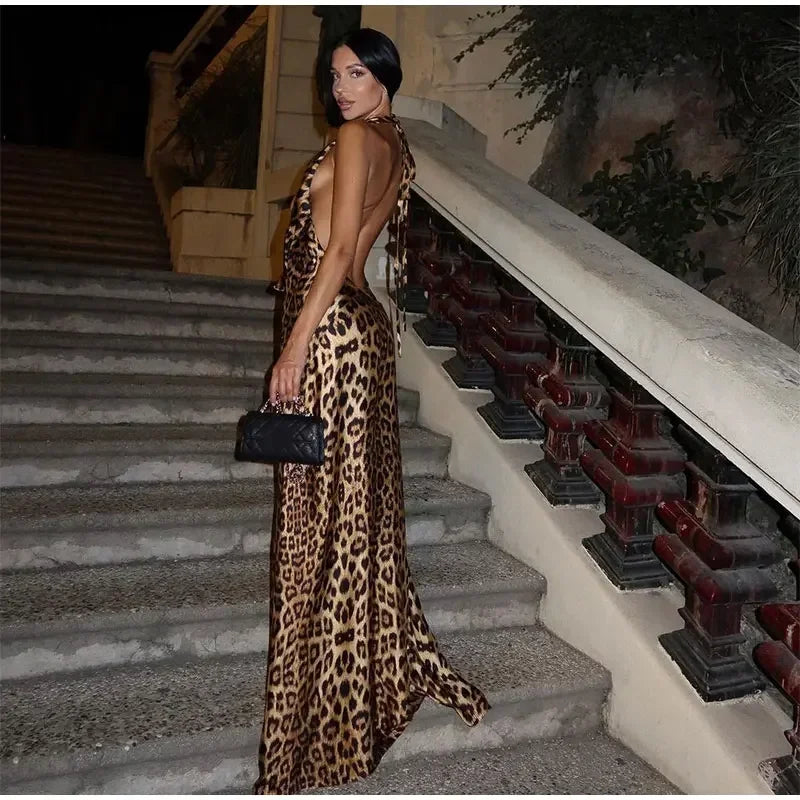 Raising The Bar Backless Leopard Print Maxi Dress