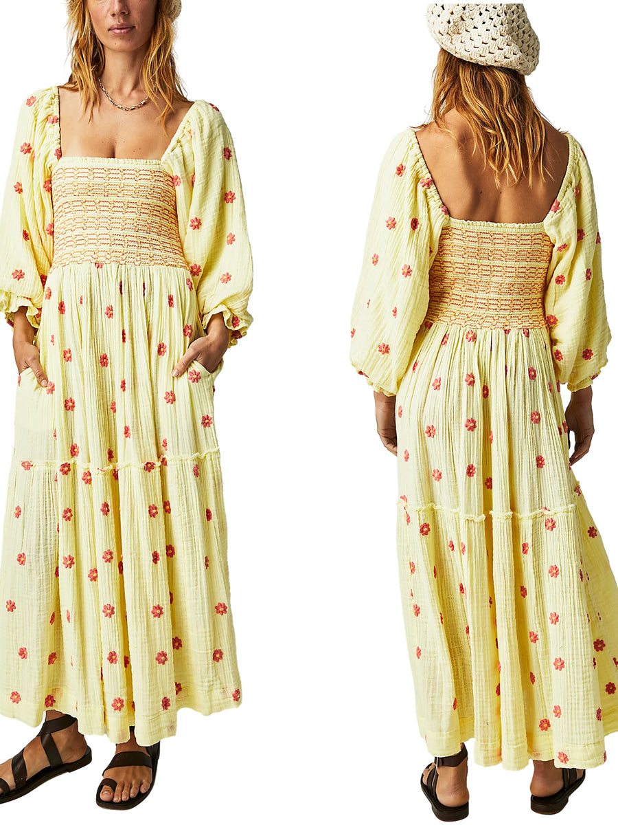 Bohemian Floral Embroidery  Square Neck  Loose Swing Long Dress with 3/4 Puff Sleeves