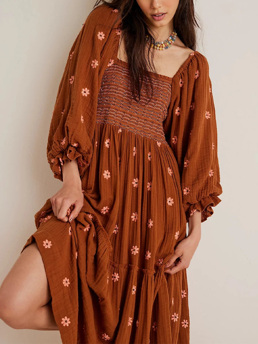 Bohemian Floral Embroidery  Square Neck  Loose Swing Long Dress with 3/4 Puff Sleeves