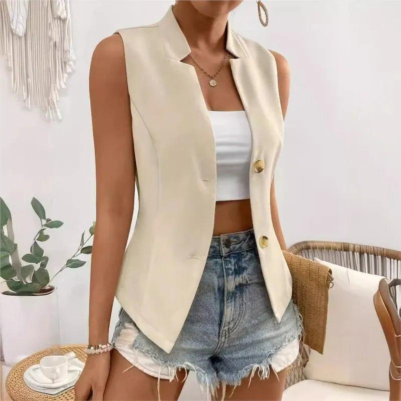 Champagne Single Breasted  V-neck Sleeveless Cardigan Vest