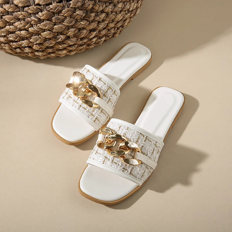 Korean Style Chain White Flip Flops Sandals