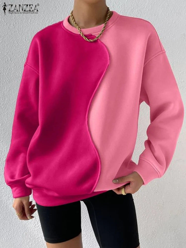 Elegant Patchwork Loose Neck Pullover Sweatshirts with  Long Sleeve