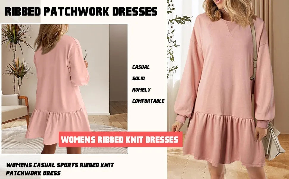 Trendy Patchwork Design Ribbed Knit Sweatshirt Dress with Long Sleeve