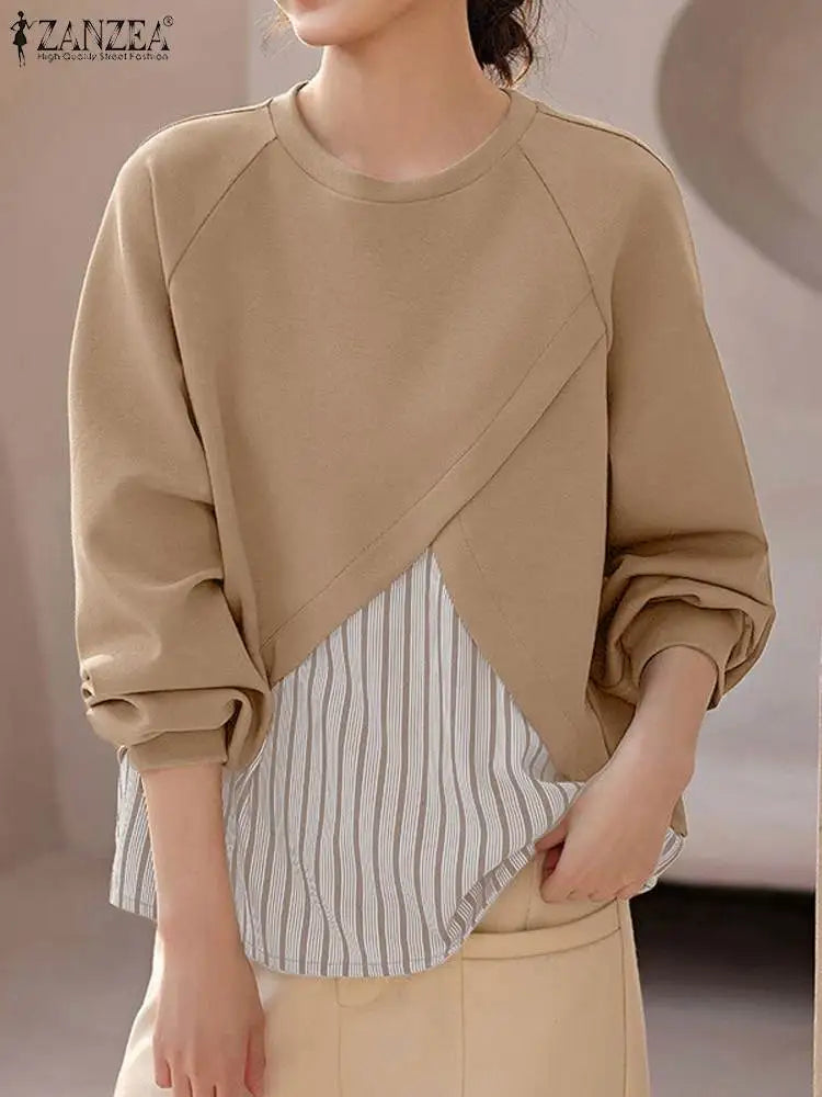 Unique Striped Patchwork O Neck Pullover Blouses with Long  Raglan Sleeves